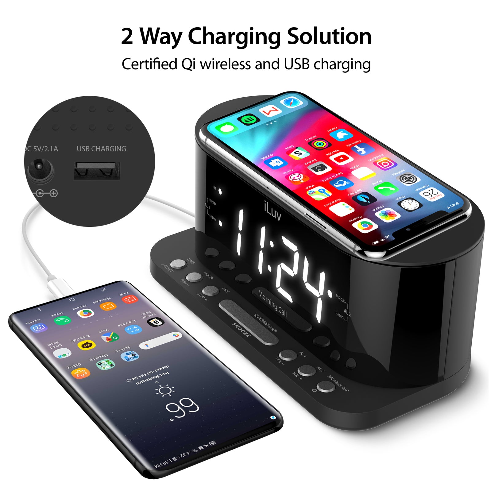 iLuv MORNING CALL 5Q Radio Alarm Clock with Qi Charging Speaker